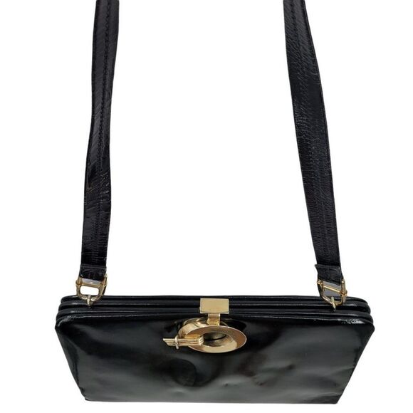 Vtg 60's Handbag Designer Shoulder Bag Smooth Black Framed Gold Lock Closure - Picture 10 of 12